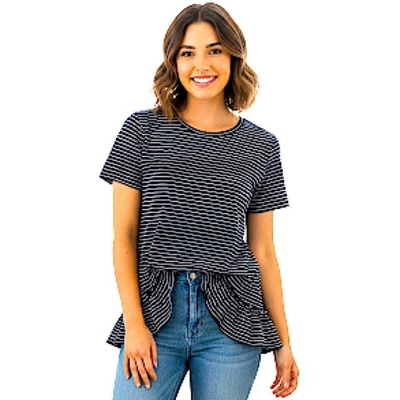 Banana Republic Limited Edition Black White Stripe Couture Tee Ruffle Hem Small - Picture 1 of 7